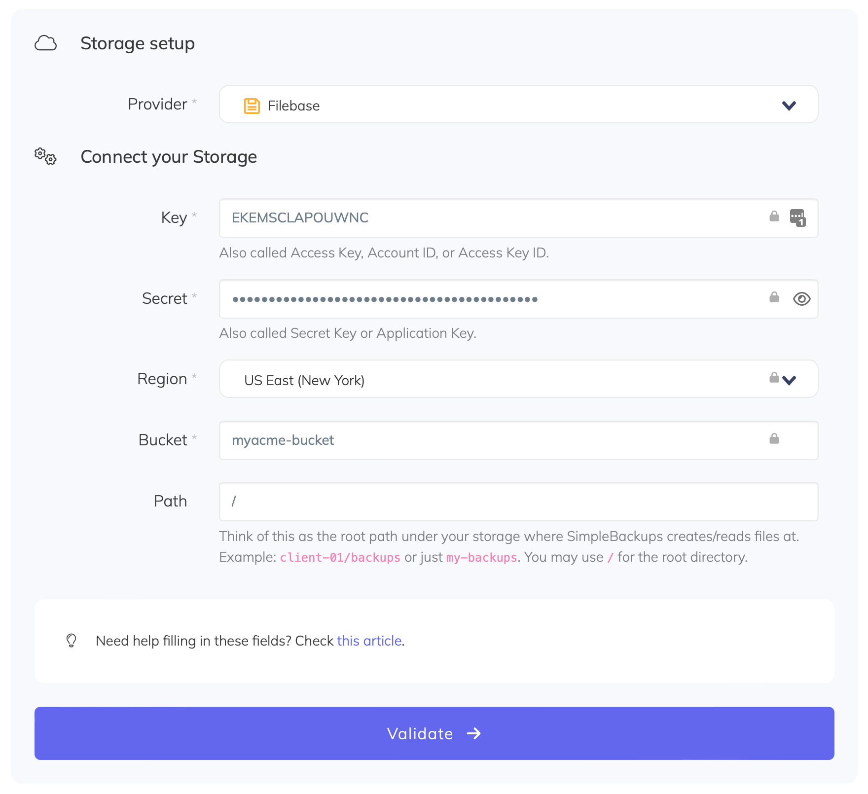 Filebase bucket connection form Connect Filebase bucket to SimpleBackups
