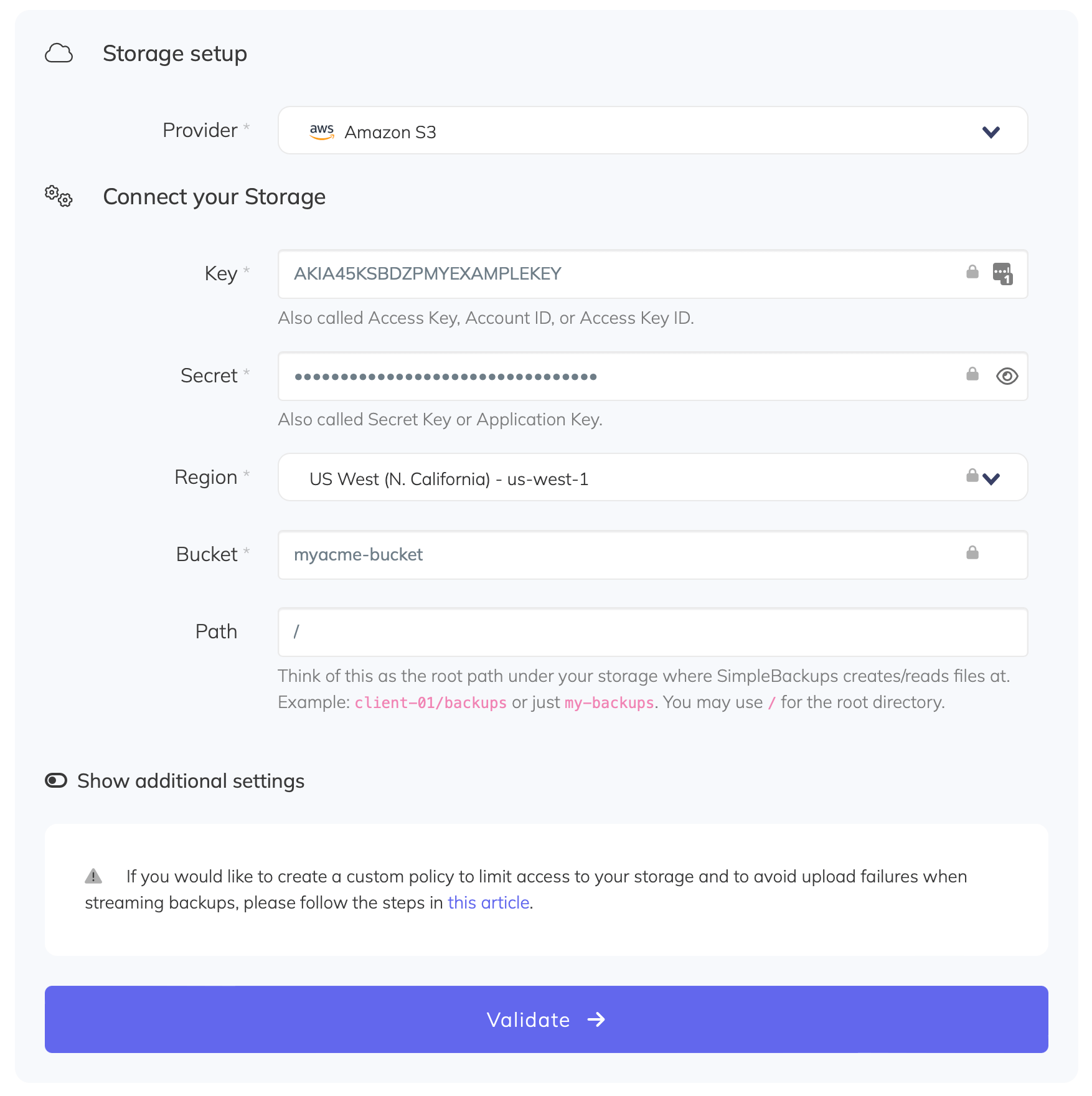 AWS S3 bucket connection form Connect AWS S3 bucket to SimpleBackups