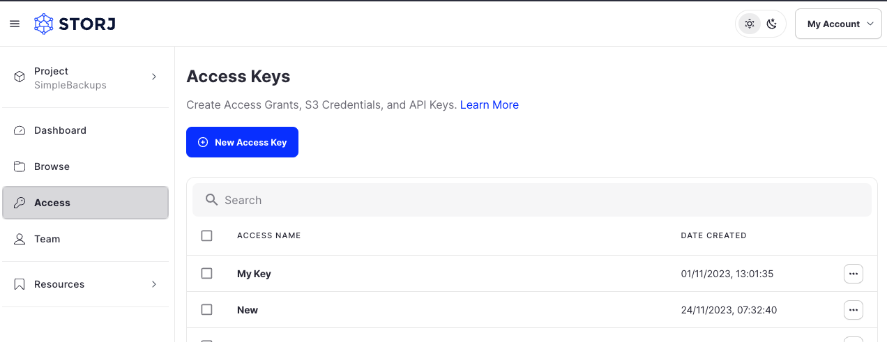 Generate S3 Credentials for Storj step 1