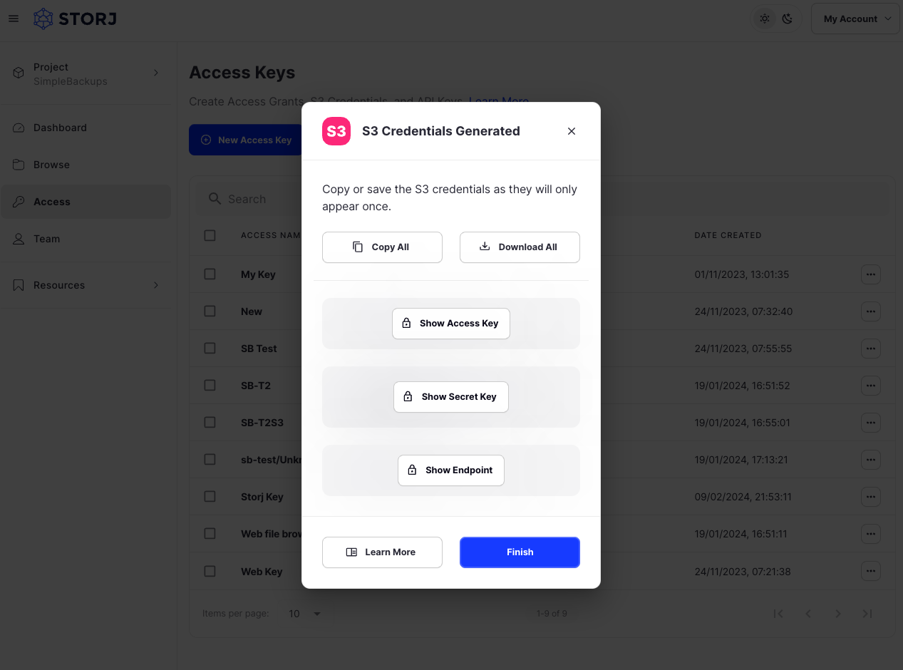 Generate S3 Credentials for Storj step 4