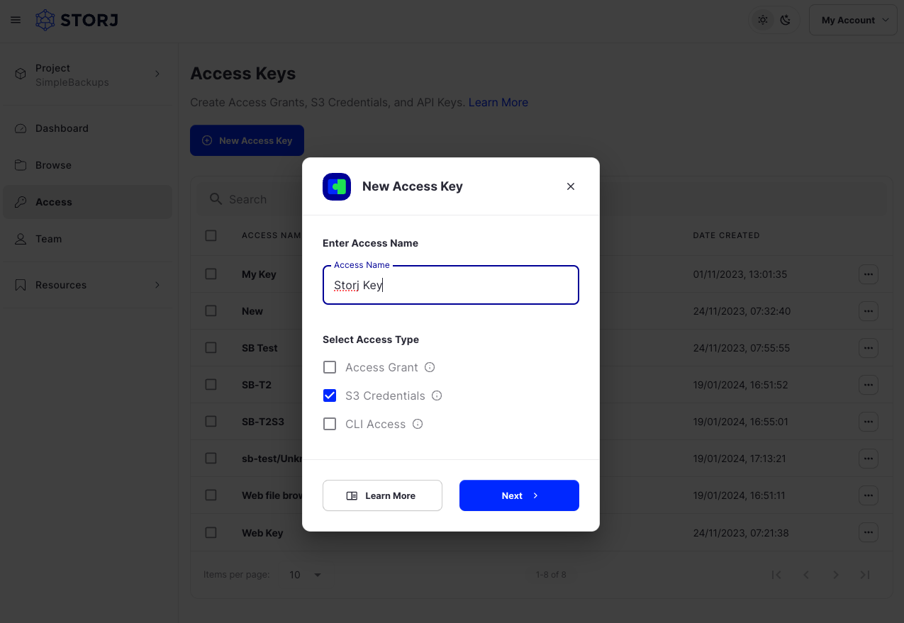 Generate S3 Credentials for Storj step 2