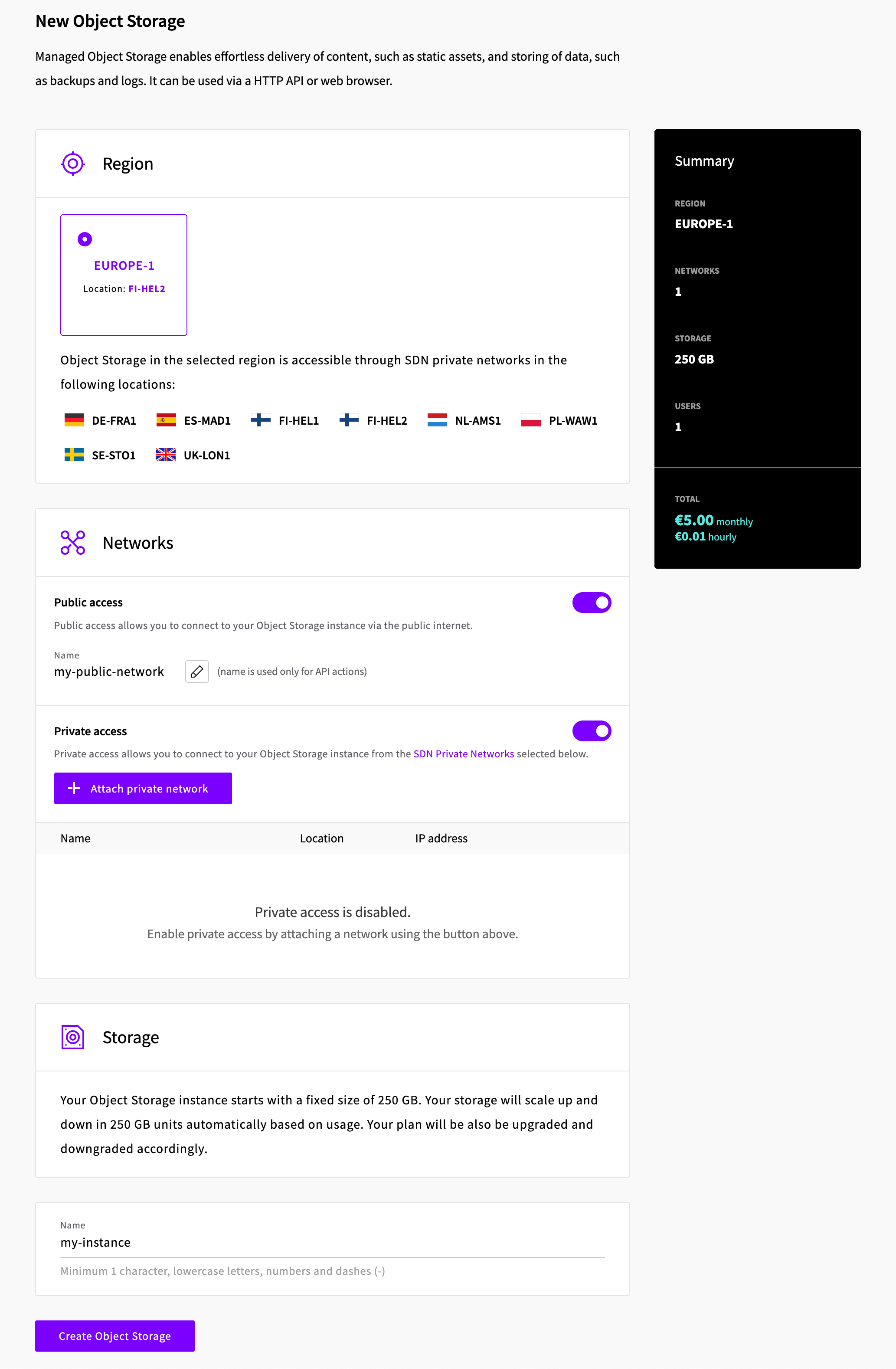UpCloud - Create object storage UpCloud object storage creation form