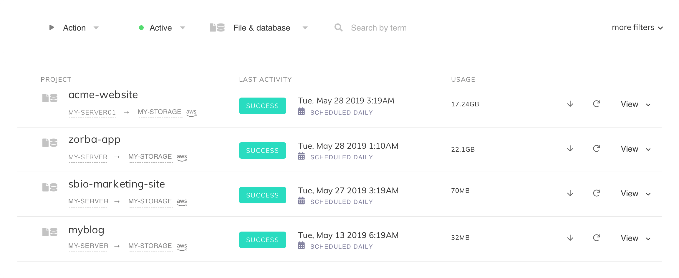 SimpleBackups find and restore file and database backups