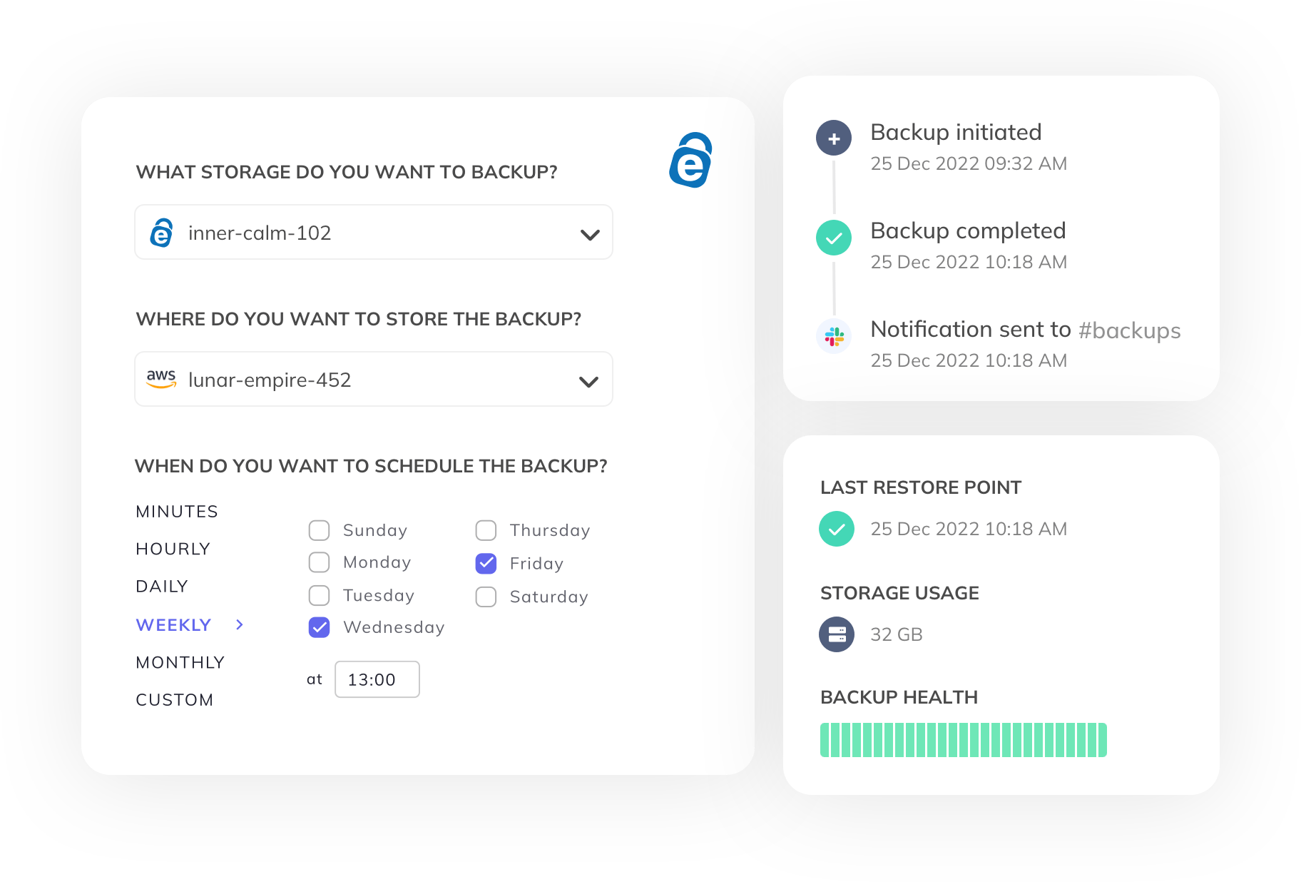 SimpleBackups IDrive E2 backup dashboard: all your backups in one place