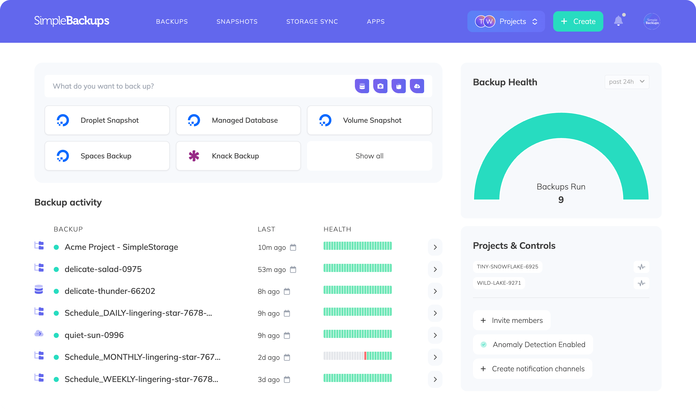 SimpleBackups dashboard, all your websites backups in one place