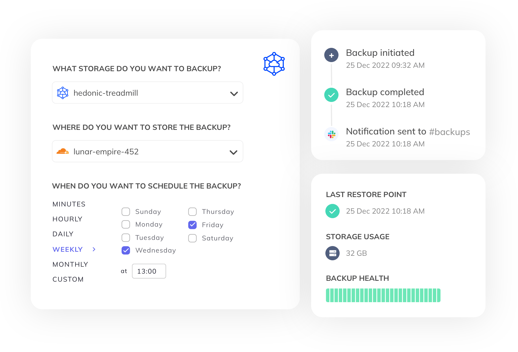 SimpleBackups Storj Storage backup dashboard: all your backups in one place