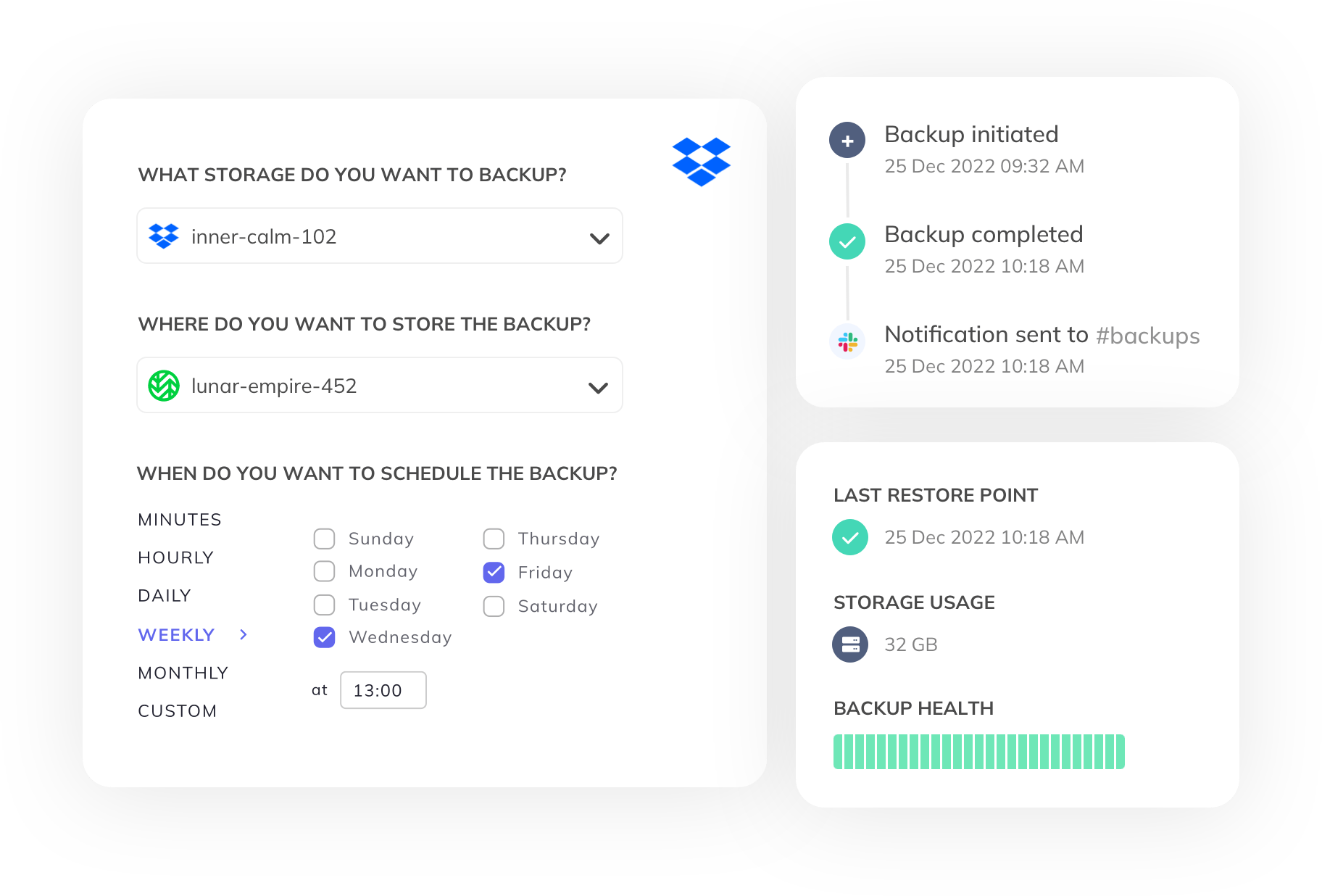 SimpleBackups Dropbox backup dashboard: all your backups in one place
