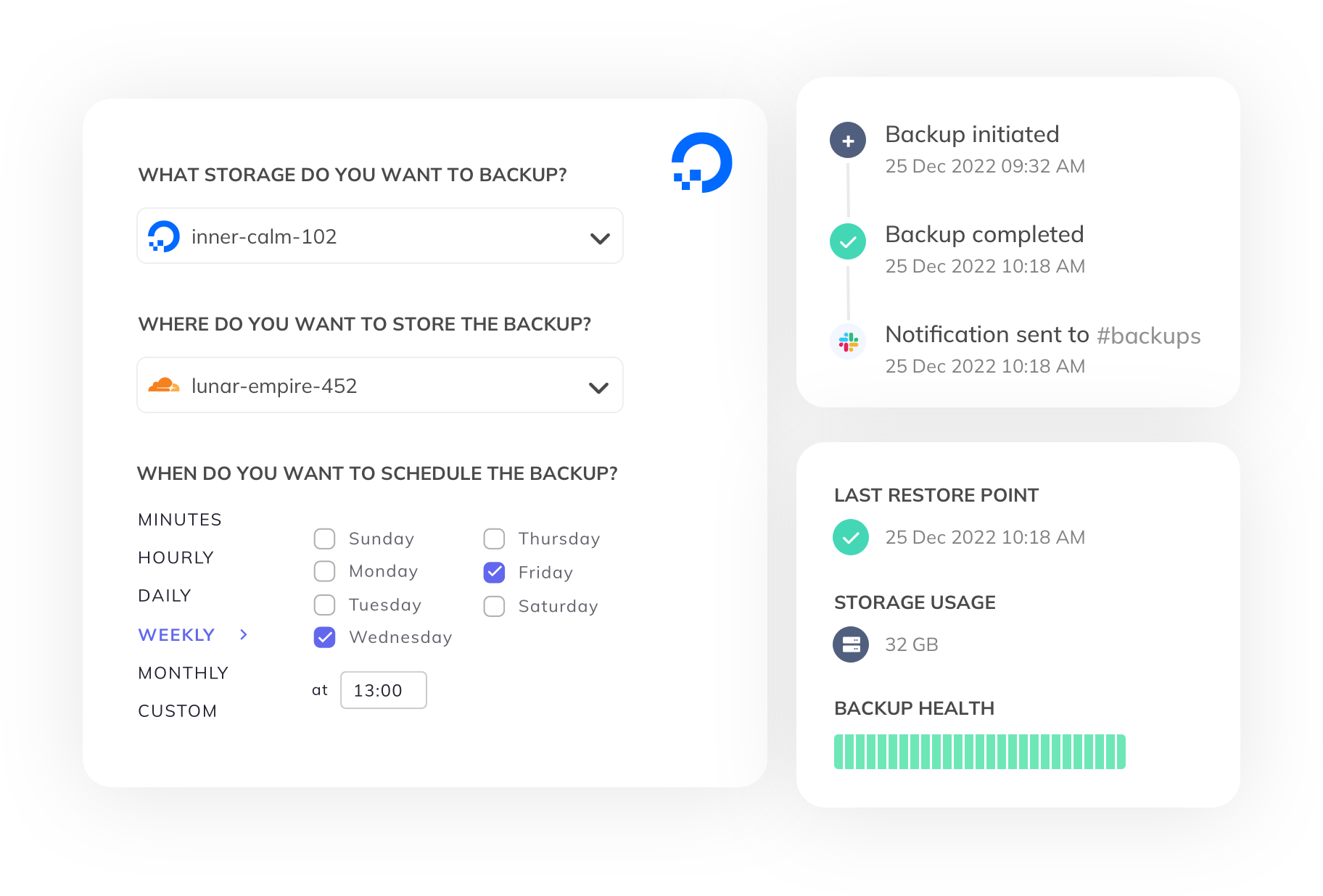 SimpleBackups DigitalOcean Storage backup dashboard: all your backups in one place